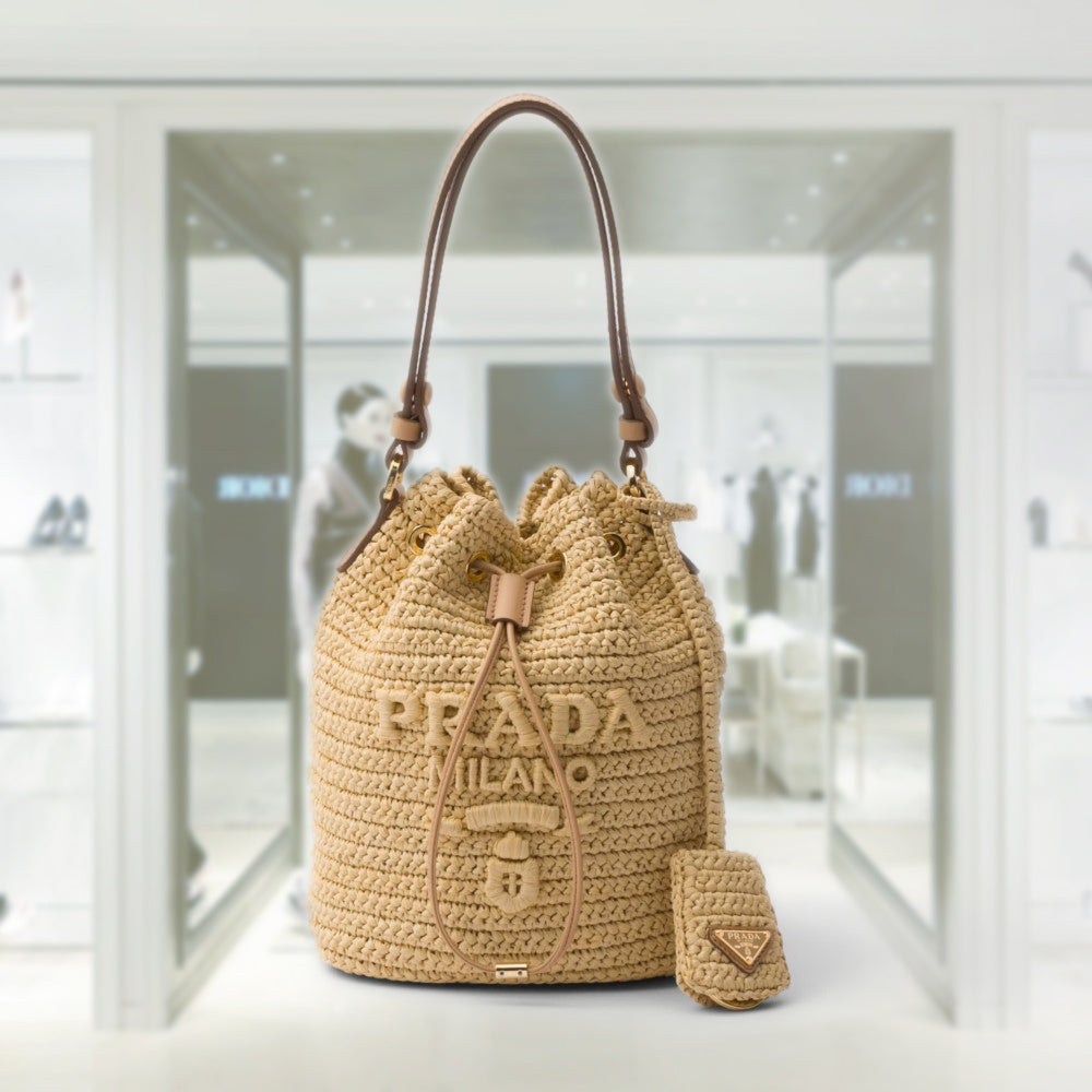 PRADA Crochet and leather mini bucket bag 1BE068 2M2T F0018 V OUO BORDER GARA