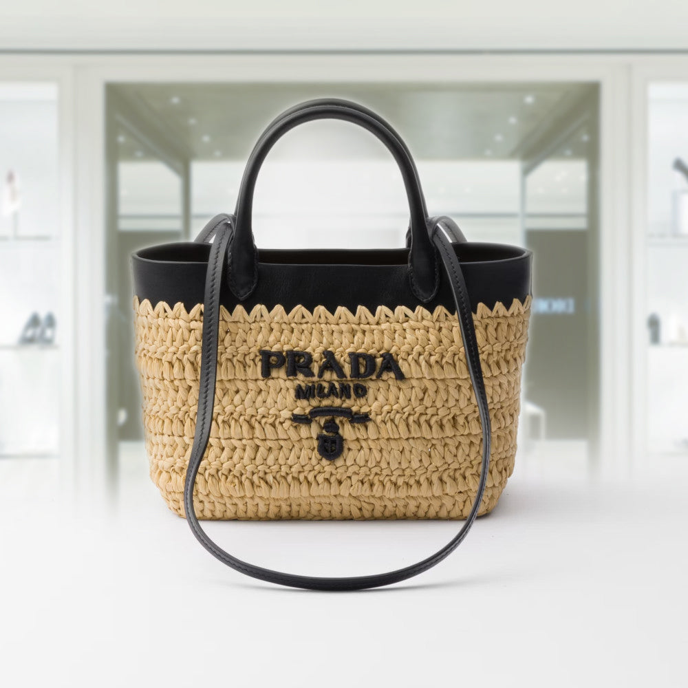 PRADA Mini crochet and leather tote bag