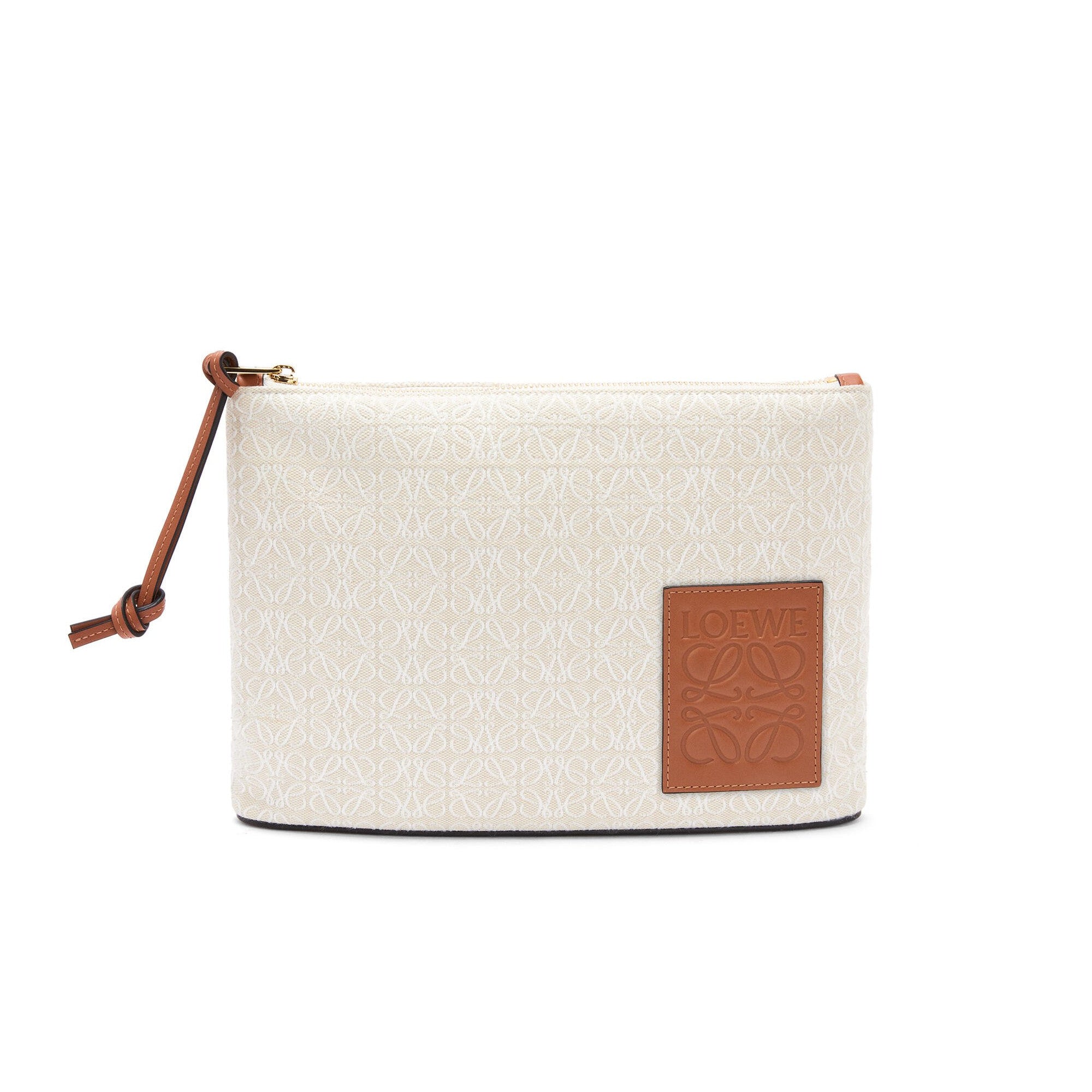 Pochette bag in raffia, Anagram jacquard and calfskin