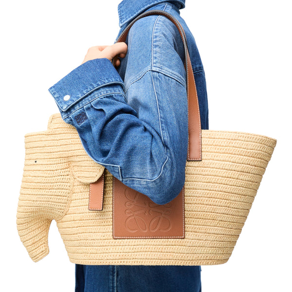 Medium Elephant basket in raffia and calfskin