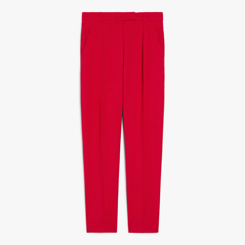 Wool satin carrot-leg trousers.