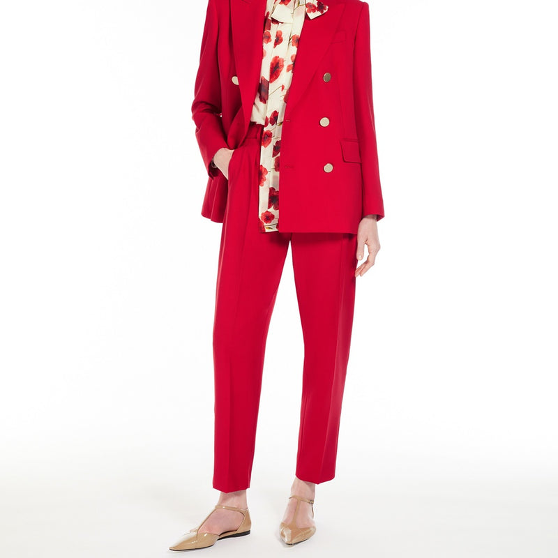 Wool satin carrot-leg trousers.