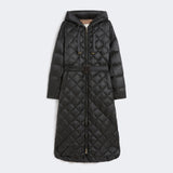 Long quilted down jacket in water-repellent fabric