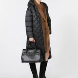 Long quilted down jacket in water-repellent fabric