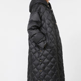 Long quilted down jacket in water-repellent fabric