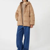 Reversible down jacket in camel hair and water-repellent taffeta