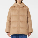 Reversible down jacket in camel hair and water-repellent taffeta