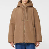 Reversible down jacket in camel hair and water-repellent taffeta