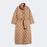 Long quilted down jacket in water-repellent fabric