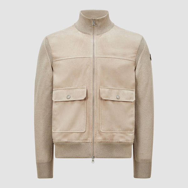 WOOL, COTTON & SUEDE ZIP-UP CARDIGAN