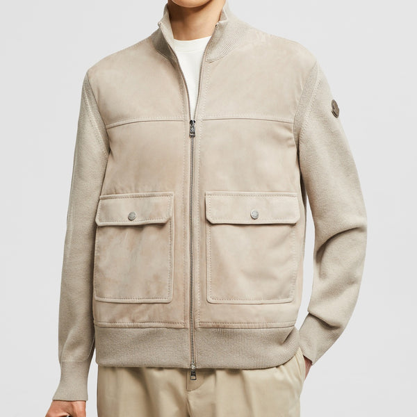 WOOL, COTTON & SUEDE ZIP-UP CARDIGAN