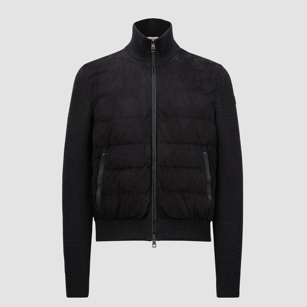 PADDED WOOL & SUEDE ZIP-UP CARDIGAN