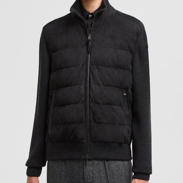 PADDED WOOL & SUEDE ZIP-UP CARDIGAN