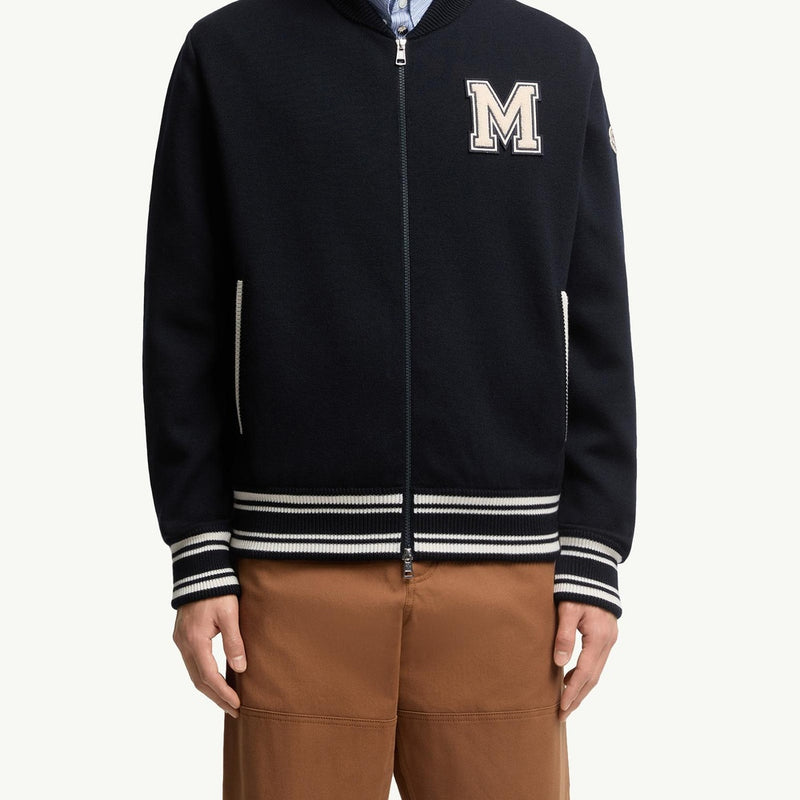 Embroidered Monogram Padded Zip-Up Wool Blend Cardigan