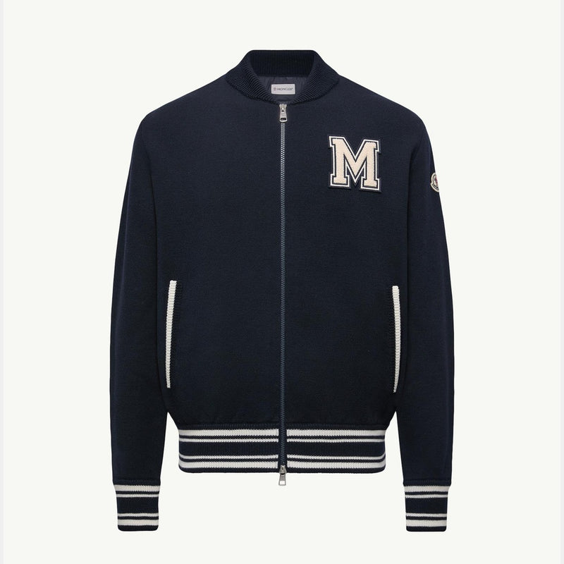 Embroidered Monogram Padded Zip-Up Wool Blend Cardigan