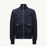 Wool, Cotton & Suede Zip-Up Cardigan