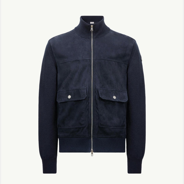 Wool, Cotton & Suede Zip-Up Cardigan