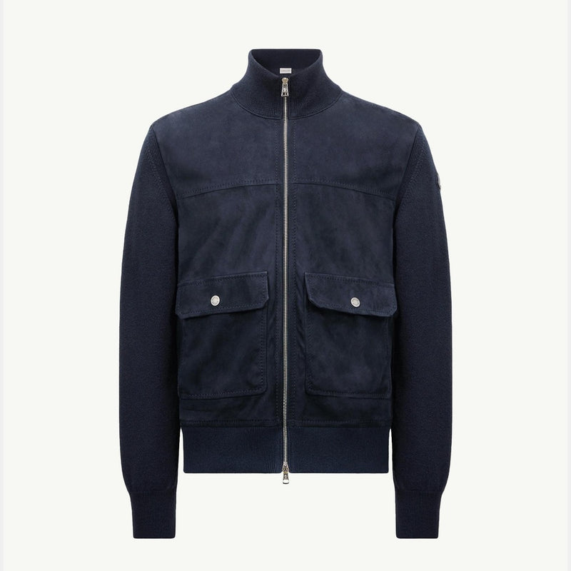 Wool, Cotton & Suede Zip-Up Cardigan