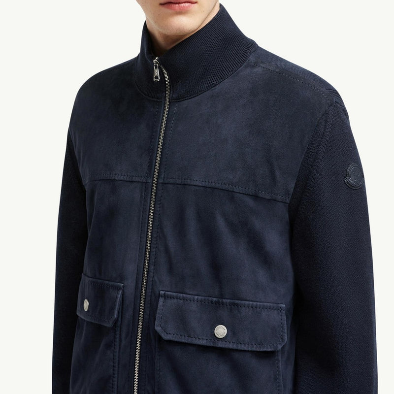 Wool, Cotton & Suede Zip-Up Cardigan