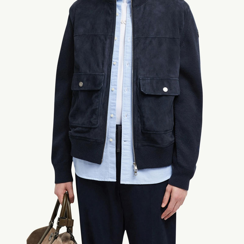 Wool, Cotton & Suede Zip-Up Cardigan