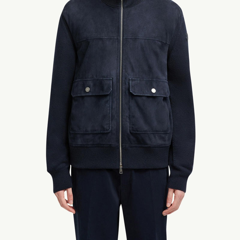 Wool, Cotton & Suede Zip-Up Cardigan