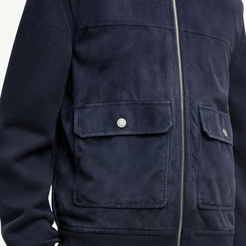 Wool, Cotton & Suede Zip-Up Cardigan