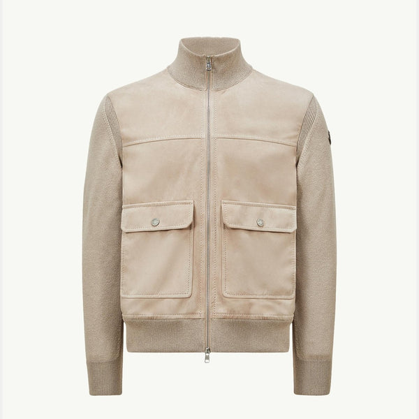 Wool, Cotton & Suede Zip-Up Cardigan