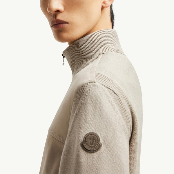 Wool, Cotton & Suede Zip-Up Cardigan