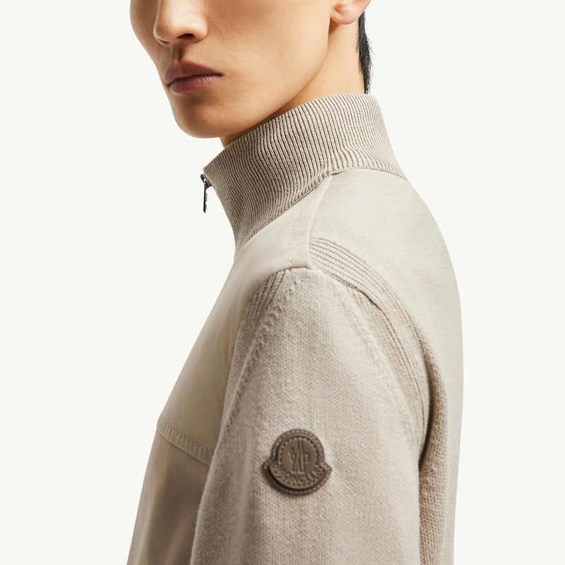 Wool, Cotton & Suede Zip-Up Cardigan