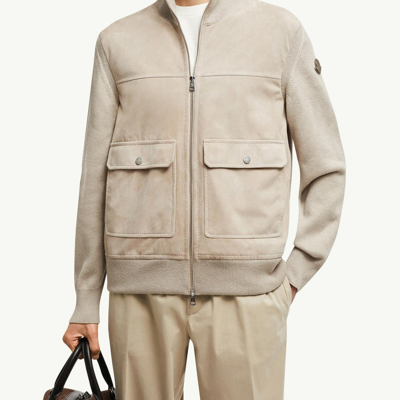 Wool, Cotton & Suede Zip-Up Cardigan