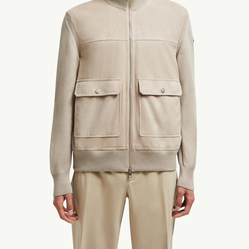 Wool, Cotton & Suede Zip-Up Cardigan