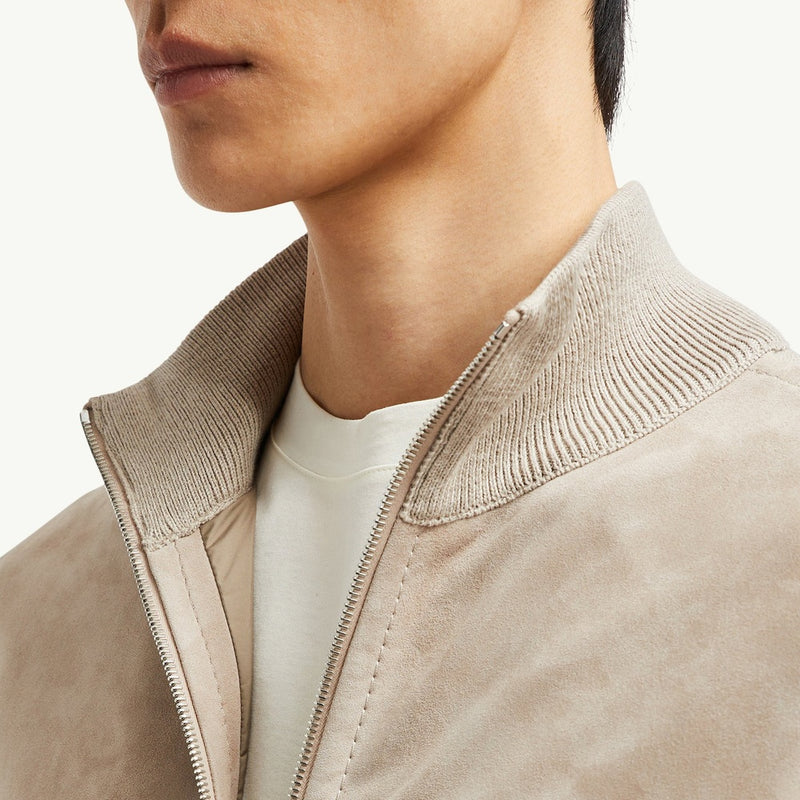 Wool, Cotton & Suede Zip-Up Cardigan