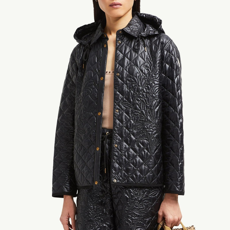 Floral-Quilted Hooded Shirt Jacket