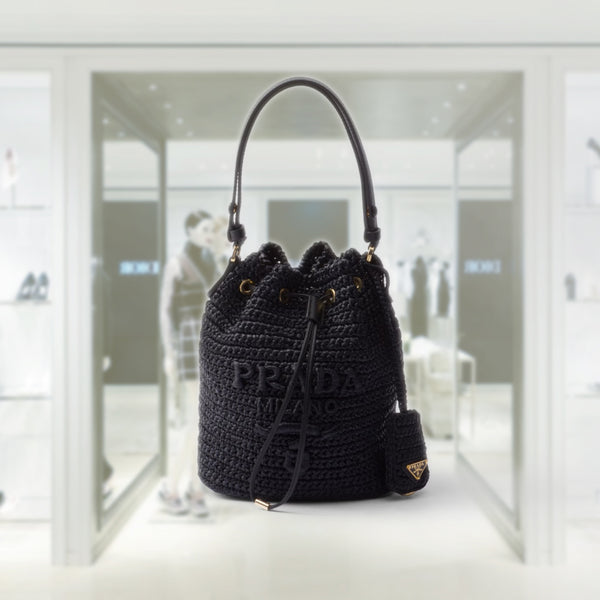 Crochet and leather mini-bucket bag