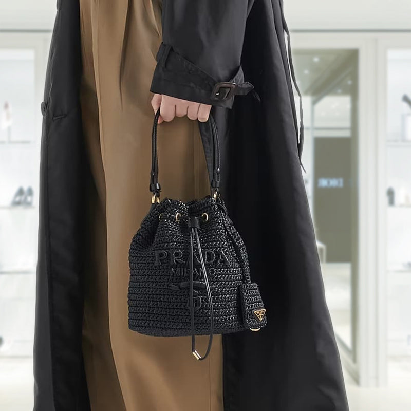 Crochet and leather mini-bucket bag