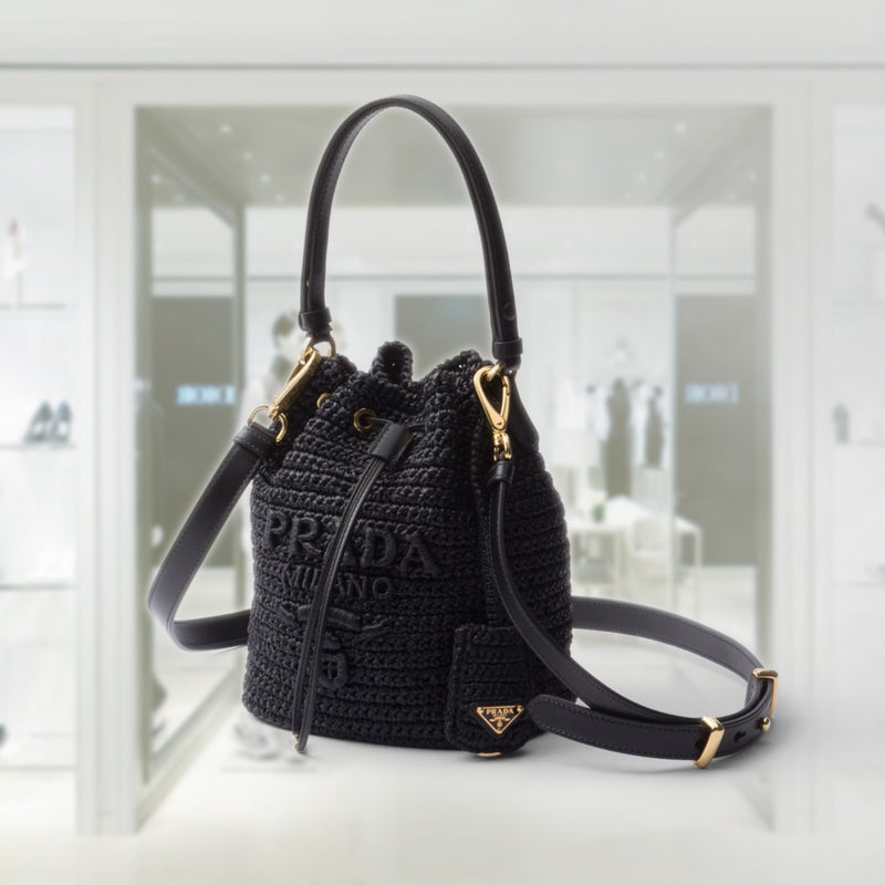 Crochet and leather mini-bucket bag