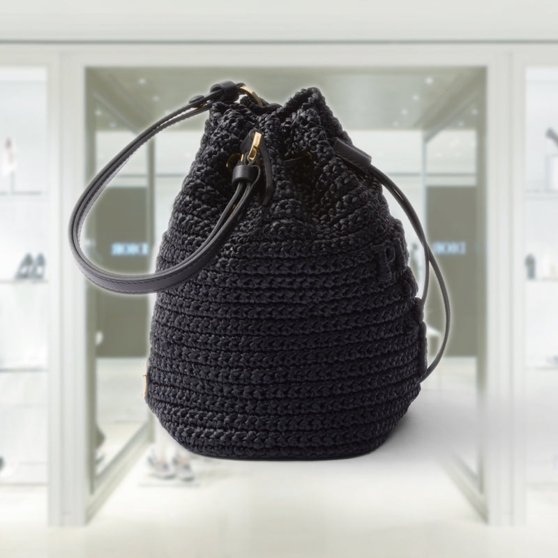 Crochet and leather mini-bucket bag