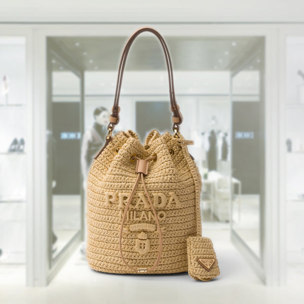Crochet and leather mini-bucket bag