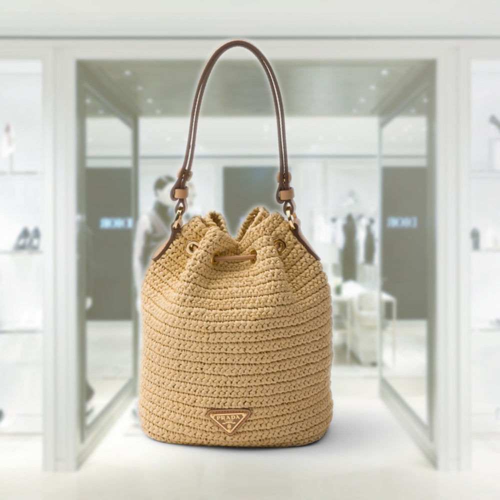 かごバッグ PRADA 1BE068_2M2T CROCHET AND LEATHER MINI BUCKET BAG PRADA Crochet and leather mini-bucket bag