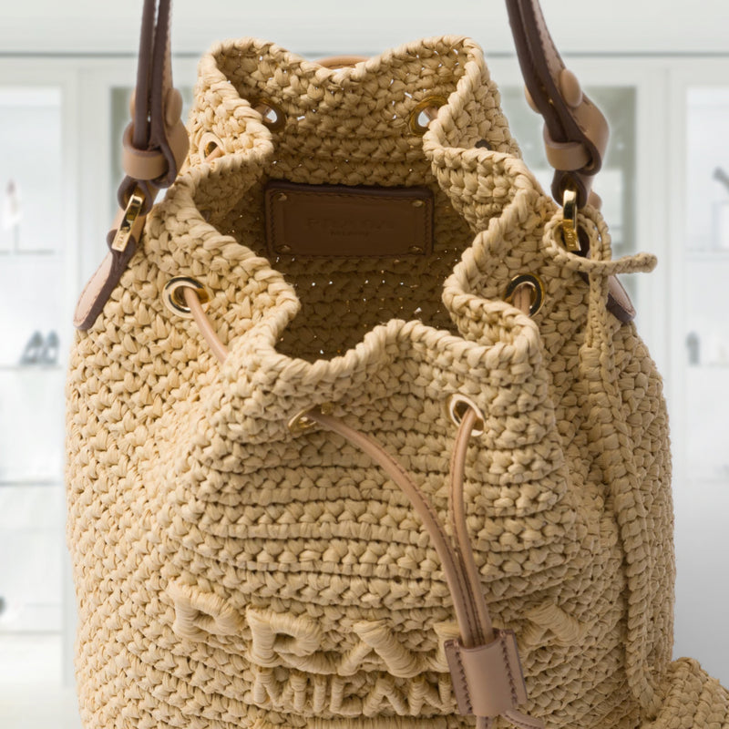 PRADA Crochet and leather mini-bucket bag