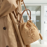 Crochet and leather mini-bucket bag