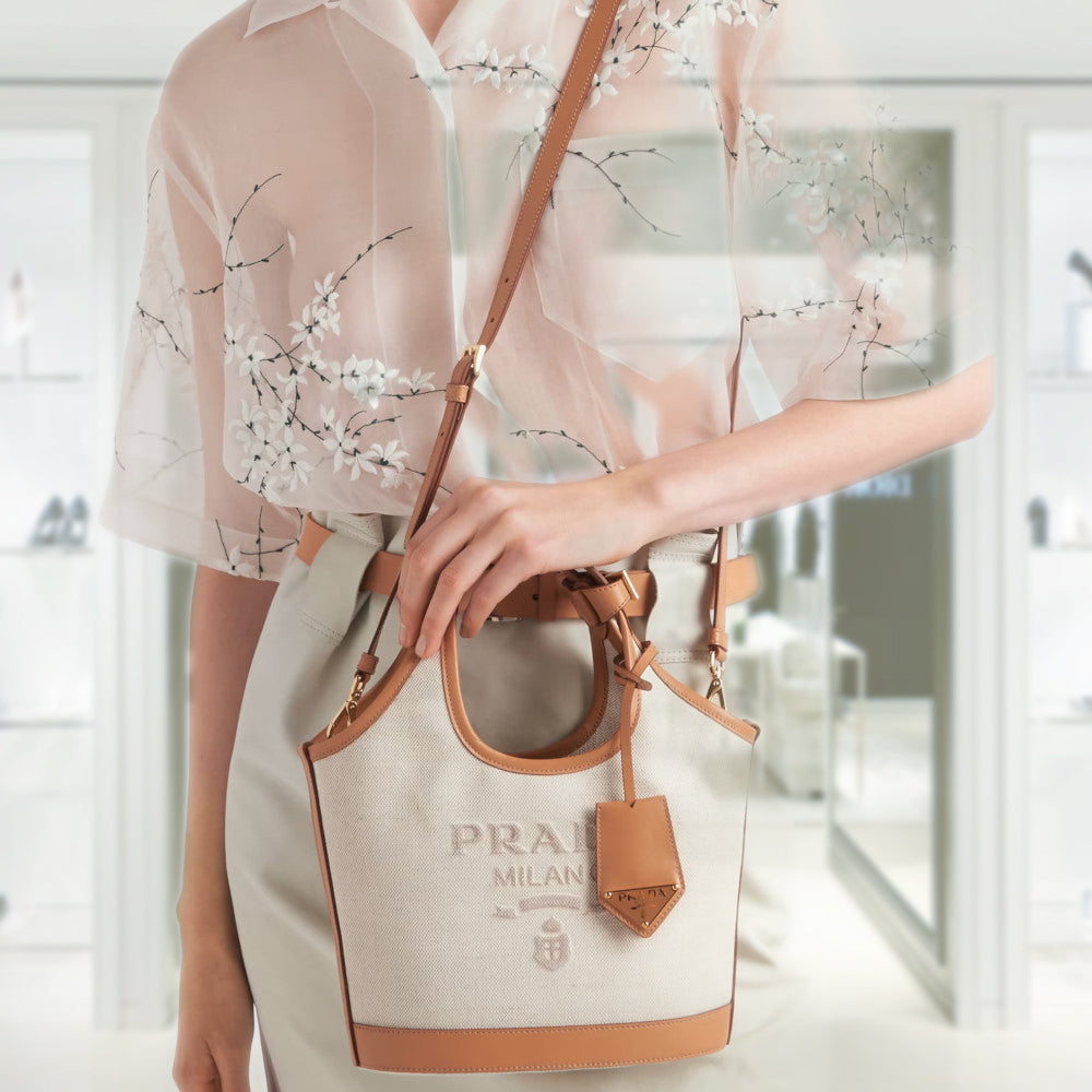 バッグ・カバンその他 PRADA | Linen blend and leather mini-buckle bag 1BE074 PRADA Linen blend and leather mini-buckle bag