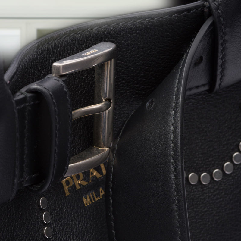 Prada Buckle large leather bag with appliqués