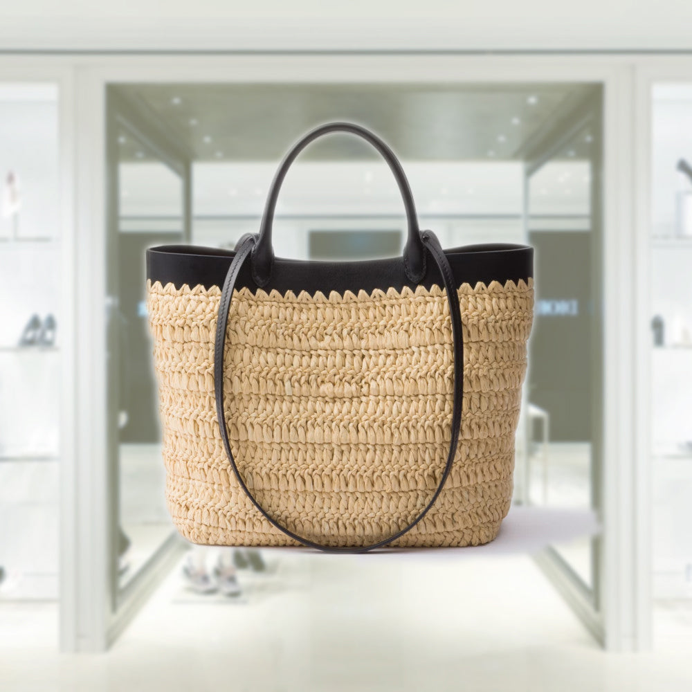 かごバッグ PRADA 1BG500_2M2Q SMALL CROCHET AND LEATHER TOTE BAG Tan/black Small Crochet And Leather Tote Bag | PRADA