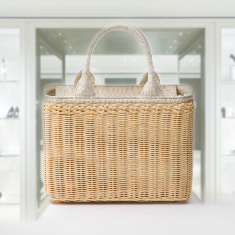 Medium wicker and linen blend tote bag