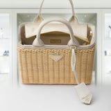 Medium wicker and linen blend tote bag