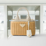 Mini wicker and linen blend tote bag