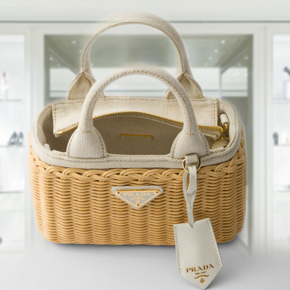 PRADA Mini wicker and linen blend tote bag