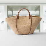 Large raffia and leather shopping bag