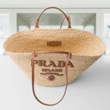 Large raffia and leather shopping bag